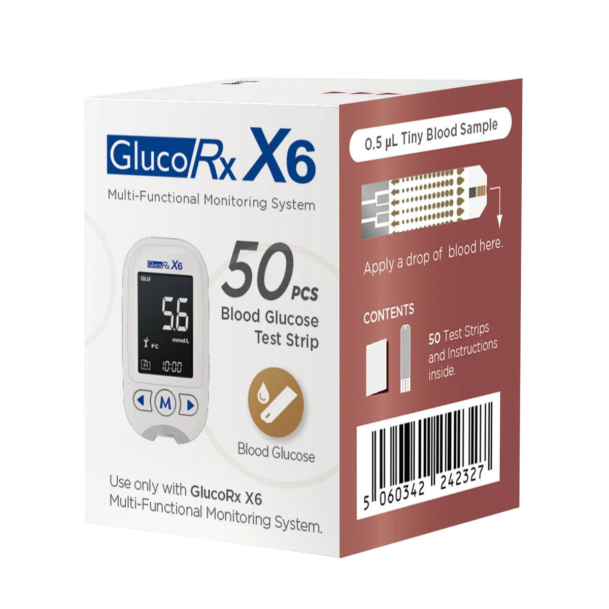 GlucoRx X6 Glucose Test Strips, Pack of 50 - Direct2Customer