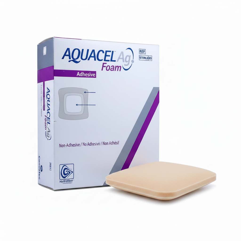 Aquacel Ag Foam Non-Adhesive 10x10cm wound dressing box and pad on white background