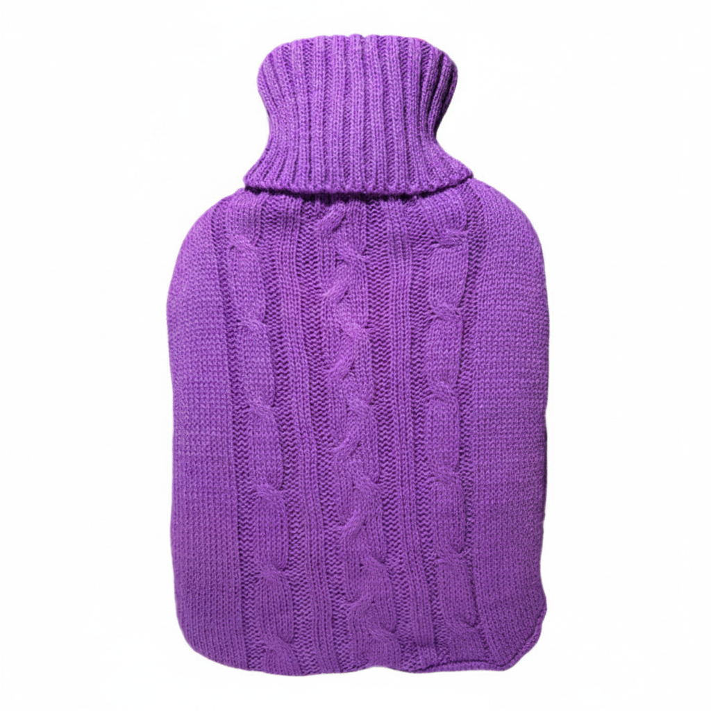 LIFE Hot Water Bottle with Purple Knit Cover on white background