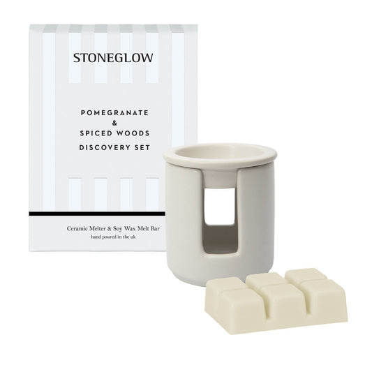 Stone Glow Pomegranate & Spiced Woods Ceramic Wax Melter & Soy Wax Melt Bar Discovery Set - Direct2Customer
